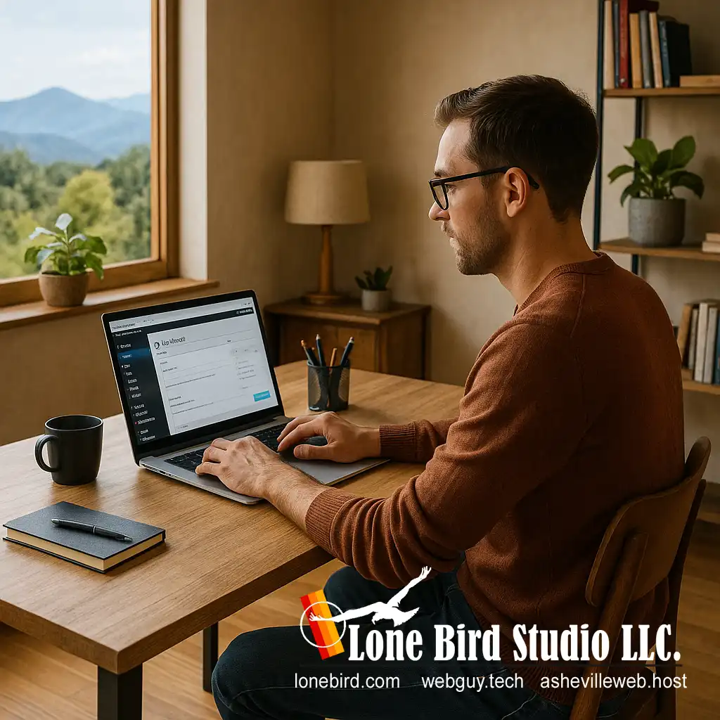 WordPress dashboard on laptop with mountain view