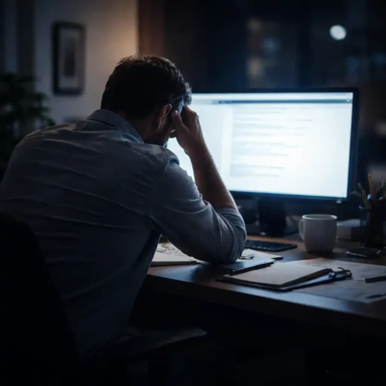 Frustrated business owner sitting at a desk late in the day, staring at a computer screen waiting for hosting support that never respond