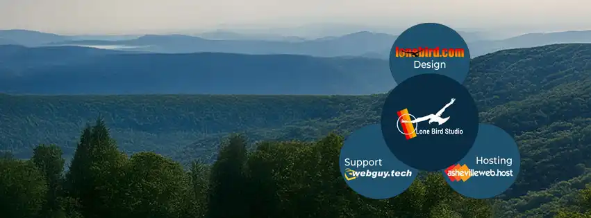 Ecosystem orbit graphic showing Lone Bird, AshevilleWeb.host, and Webguy.