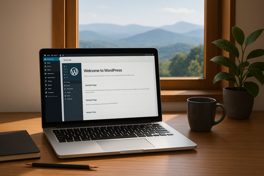 WordPress dashboard on laptop with mountain view