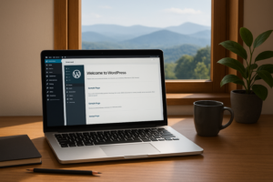 WordPress dashboard on laptop with mountain view