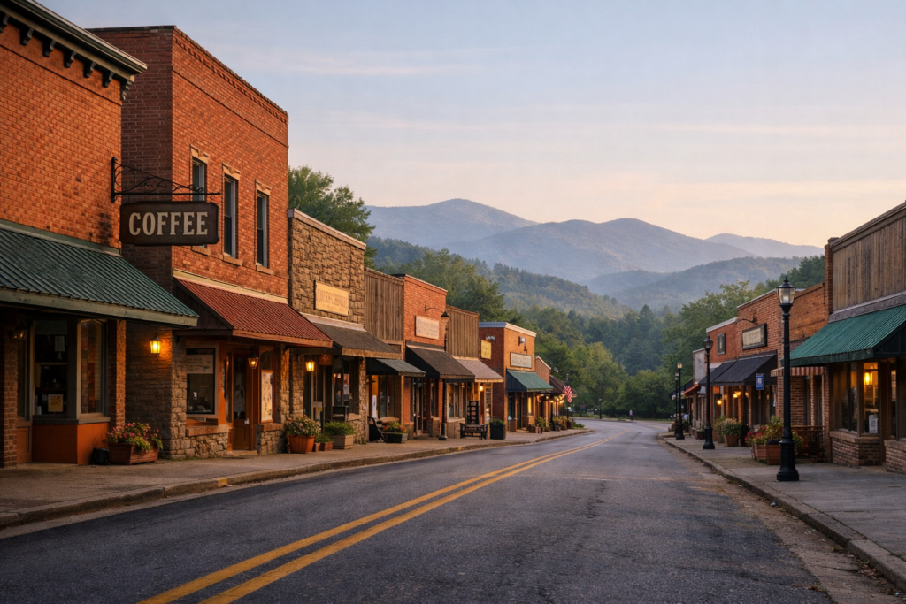 Quiet small-town main street in Western North Carolina with locally owned storefronts and the Blue Ridge Mountains in the background